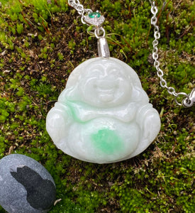 Natural Burmese Jadeite, Certified Grade A Jadeite, Laughing Buddha Jadeite Jade Pendant Necklace, Green Jadeite Pendant, Jade for Mom.