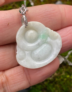 Natural Burmese Jadeite, Certified Grade A Jadeite, Laughing Buddha Jadeite Jade Pendant Necklace, Green Jadeite Pendant, Jade for Mom.