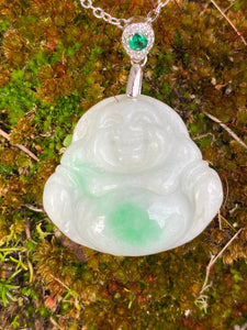 Natural Burmese Jadeite, Certified Grade A Jadeite, Laughing Buddha Jadeite Jade Pendant Necklace, Green Jadeite Pendant, Jade for Mom.