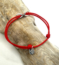 Load image into Gallery viewer, Infinity Be mine Bracelet, Sterling Silver Infinity Charm &amp; Heart Charm Bracelet, Red String Bracelet, Couples Jewelry, Friendship Bracelet.
