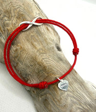 Load image into Gallery viewer, Infinity Be mine Bracelet, Sterling Silver Infinity Charm &amp; Heart Charm Bracelet, Red String Bracelet, Couples Jewelry, Friendship Bracelet.