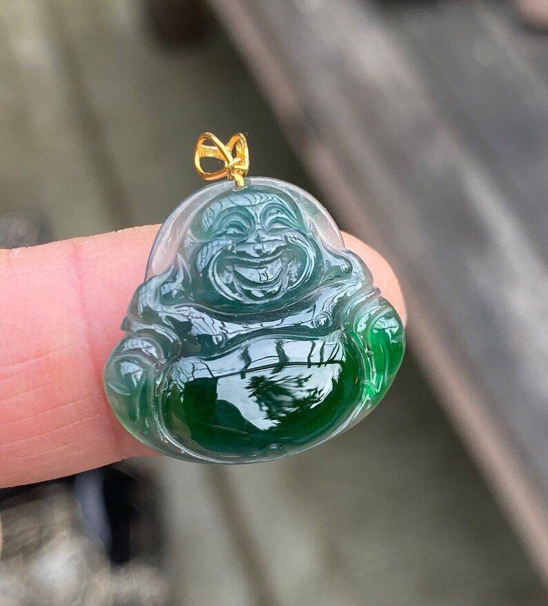 Certified Grade A Jadeite Pendant, Icy Green Jadeite, Laughing Buddha, Jadeite Pendant 18k, Lucky Jade Buddha