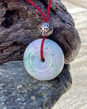 Load image into Gallery viewer, Certified Grade A Jadeite Pendant, Green Jadeite Jade, Hand Carved Moire Jadeite Donut, Lavender Emerald Green Jadeite Pendant Necklace.