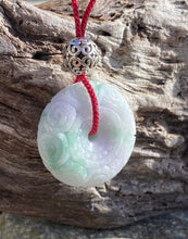 Load image into Gallery viewer, Certified Grade A Jadeite Pendant, Green Jadeite Jade, Hand Carved Moire Jadeite Donut, Lavender Emerald Green Jadeite Pendant Necklace.