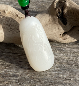 Certified Natural Hand-carved Hetian Nephrite Jade Pendant, Vintage Hetian Jade Pebble, Chinese Nephrite Jade, Jade lotus & fish.