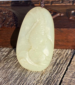 Certified Natural Hand-carved Hetian Nephrite Jade Pendant, Vintage Hetian Jade Pebble, Chinese Nephrite Jade, Lotus & Fish