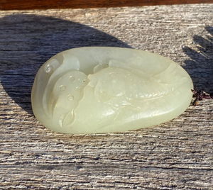 Certified Natural Hand-carved Hetian Nephrite Jade Pendant, Vintage Hetian Jade Pebble, Chinese Nephrite Jade, Lotus & Fish