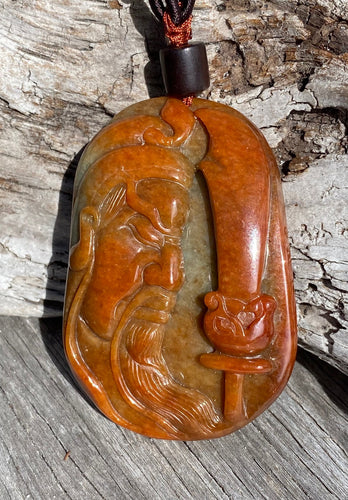 Certified Grade A Jadeite, Genuine Natural Red Jadeite Pendant, Hand Carved Guan yu Jadeite Pendant, Guan Gong Pendant Necklace. Amulet.