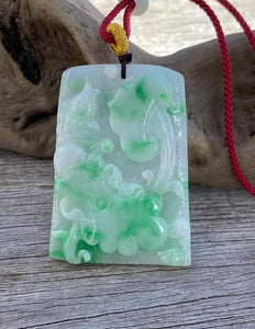 Certified Grade A Jadeite Pendant, Hand Carved Lotus & Fish Jadeite Pendant, Good Luck Emerald Green Jadeite