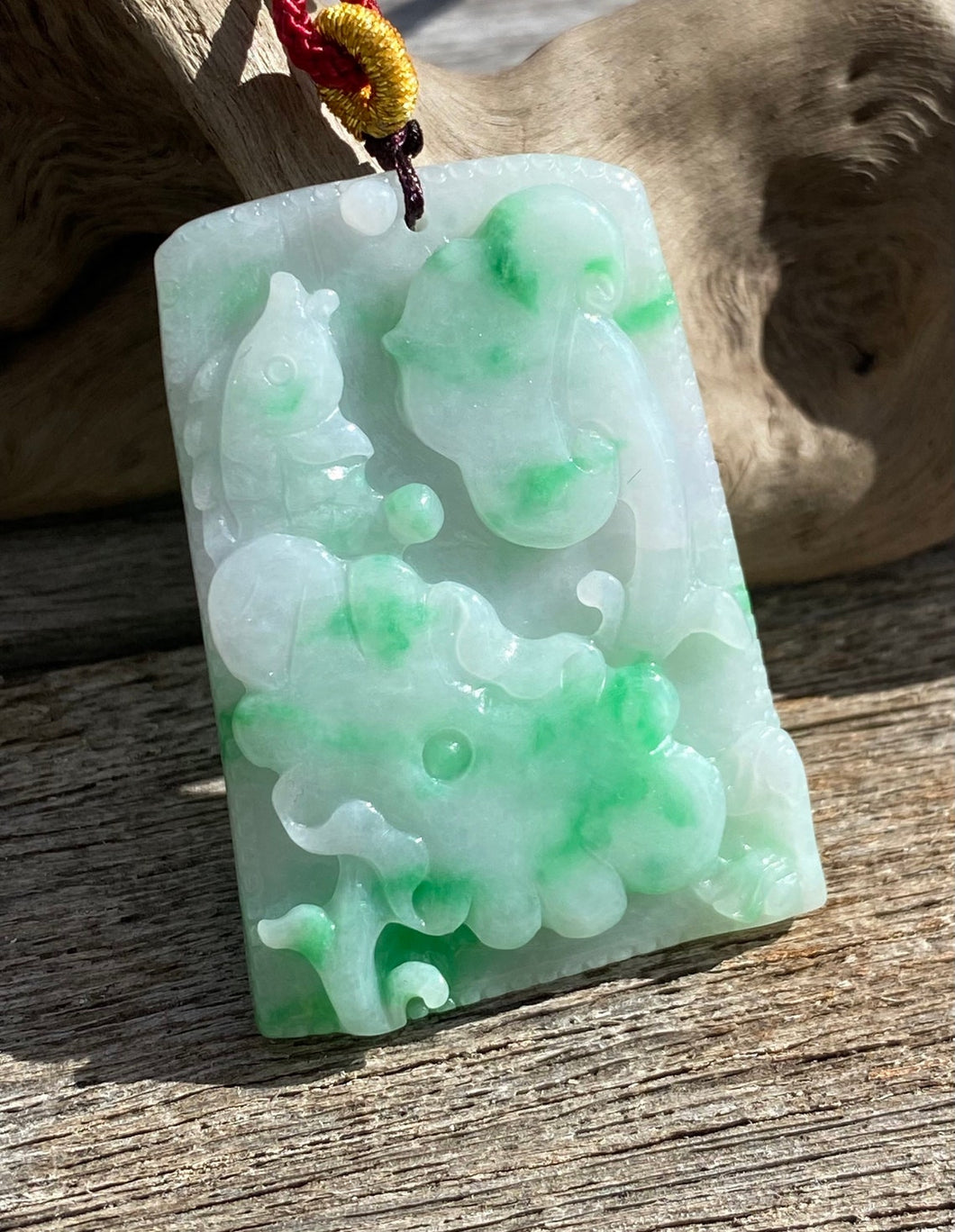 Certified Grade A Jadeite Pendant, Hand Carved Lotus & Fish Jadeite Pendant, Good Luck Emerald Green Jadeite