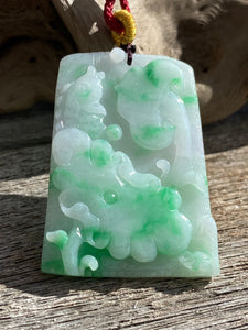 Certified Grade A Jadeite Pendant, Hand Carved Lotus & Fish Jadeite Pendant, Good Luck Emerald Green Jadeite