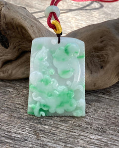 Certified Grade A Jadeite Pendant, Hand Carved Lotus & Fish Jadeite Pendant, Good Luck Emerald Green Jadeite