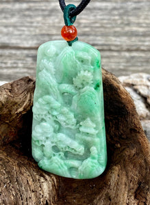 Certified Grade A Jadeite Pendant, Burmese Jadeite Pendant Necklace, Exquisite Hand carved Landscape Scenery Jadeite, Emerald Green Jadeite