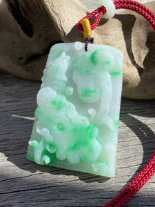 Certified Grade A Jadeite Pendant, Hand Carved Lotus & Fish Jadeite Pendant, Good Luck Emerald Green Jadeite