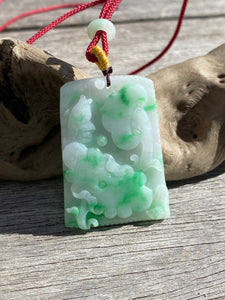 Certified Grade A Jadeite Pendant, Hand Carved Lotus & Fish Jadeite Pendant, Good Luck Emerald Green Jadeite