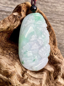 Certified Grade A Jadeite Pendant, Burmese Jadeite Pendant Necklace, Exquisite Hand Carved Landscape Scenery Jadeite