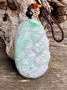 Certified Grade A Jadeite Pendant, Burmese Jadeite Pendant Necklace, Exquisite Hand Carved Landscape Scenery Jadeite