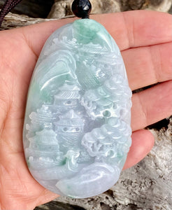 Certified Grade A Jadeite Pendant, Burmese Jadeite Pendant Necklace, Exquisite Hand Carved Landscape Scenery Jadeite