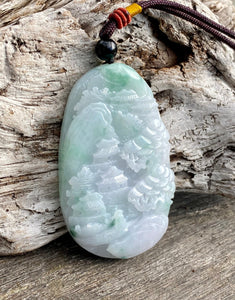 Certified Grade A Jadeite Pendant, Burmese Jadeite Pendant Necklace, Exquisite Hand Carved Landscape Scenery Jadeite