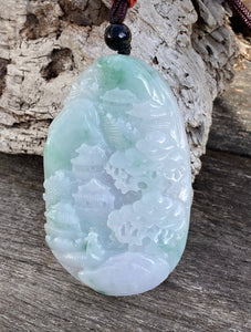 Certified Grade A Jadeite Pendant, Burmese Jadeite Pendant Necklace, Exquisite Hand Carved Landscape Scenery Jadeite