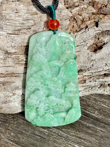 Certified Grade A Jadeite Pendant, Burmese Jadeite Pendant Necklace, Exquisite Hand carved Landscape Scenery Jadeite, Emerald Green Jadeite