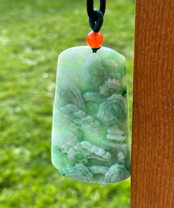 Certified Grade A Jadeite Pendant, Burmese Jadeite Pendant Necklace, Exquisite Hand carved Landscape Scenery Jadeite, Emerald Green Jadeite