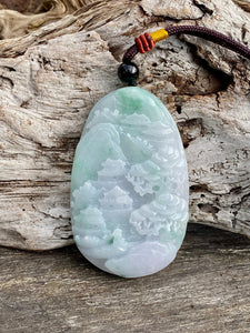 Certified Grade A Jadeite Pendant, Burmese Jadeite Pendant Necklace, Exquisite Hand Carved Landscape Scenery Jadeite