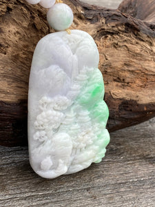 Certified Grade A Jadeite Pendant Lavender & Green Burmese Jadeite, Exquisite Hand carved Landscape Scenery Jadeite