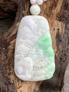 Certified Grade A Jadeite Pendant Lavender & Green Burmese Jadeite, Exquisite Hand carved Landscape Scenery Jadeite