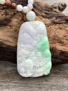 Certified Grade A Jadeite Pendant Lavender & Green Burmese Jadeite, Exquisite Hand carved Landscape Scenery Jadeite