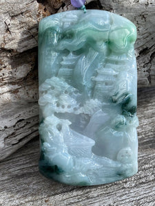 Certified Grade A Jadeite Pendant, Burmese Jadeite Pendant Necklace, Exquisite Hand carved Landscape Scenery Jadeite, Jadeite Zen Pendant.