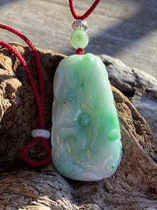 Certified Grade A Jadeite Pendant, Hand Carved Lotus & Fish Jadeite Pendant, Good Luck Emerald Green Jadeite, Green Jadeite Pendant Necklace