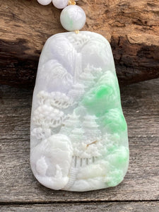 Certified Grade A Jadeite Pendant Lavender & Green Burmese Jadeite, Exquisite Hand carved Landscape Scenery Jadeite