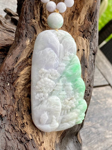 Certified Grade A Jadeite Pendant Lavender & Green Burmese Jadeite, Exquisite Hand carved Landscape Scenery Jadeite