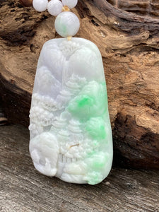 Certified Grade A Jadeite Pendant Lavender & Green Burmese Jadeite, Exquisite Hand carved Landscape Scenery Jadeite