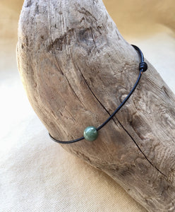 Thin Black Leather Cord Bracelet, Jadeite Bead Bracelet, Protection Bracelet, Lucky Jade Bracelet