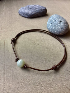 Thin Brown Leather Cord Bracelet, Jadeite Bead Bracelet, Protection Bracelet, Lucky Jade Bracelet