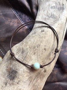 Thin Brown Leather Cord Bracelet, Jadeite Bead Bracelet, Protection Bracelet, Lucky Jade Bracelet