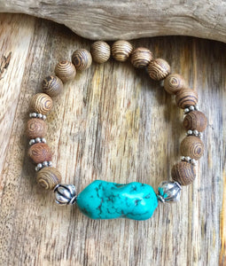 Turquoise Bracelet, Genuine Howlite Turquoise Bracelet, Sandalwood Bracelet, Beach Bracelet