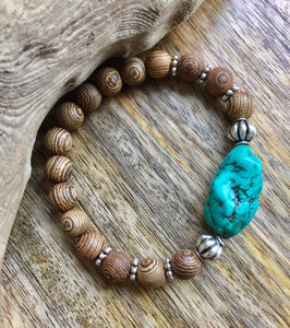 Turquoise Bracelet, Genuine Howlite Turquoise Bracelet, Sandalwood Bracelet, Beach Bracelet