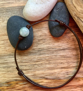 Thin Brown Leather Cord Bracelet, Jadeite Bead Bracelet, Protection Bracelet, Lucky Jade Bracelet