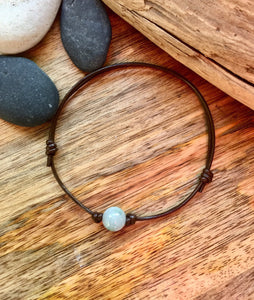 Thin Brown Leather Cord Bracelet, Jadeite Bead Bracelet, Protection Bracelet, Lucky Jade Bracelet