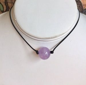 Gemstone Necklace, Amethyst Bead Leather Cord Necklace.Brown Cord Necklace ,Simple Thin Necklace, Choker Necklace, Gift For Her.