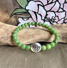 Load image into Gallery viewer, Lotus Charm Jade Bracelet, 100% Authentic Natural Canadian Nephrite Jade, 6mm, Green Jade Bracelet.