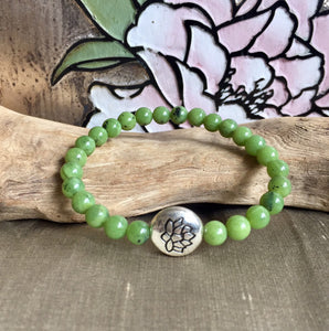 Lotus Charm Jade Bracelet, 100% Authentic Natural Canadian Nephrite Jade, 6mm, Green Jade Bracelet.