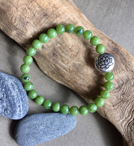 Lotus Charm Jade Bracelet, 100% Authentic Natural Canadian Nephrite Jade, 6mm, Green Jade Bracelet.