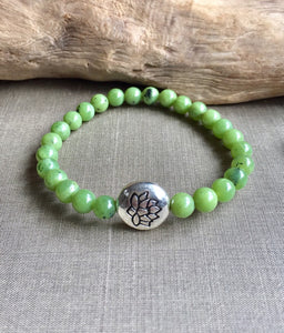 Lotus Charm Jade Bracelet, 100% Authentic Natural Canadian Nephrite Jade, 6mm, Green Jade Bracelet.