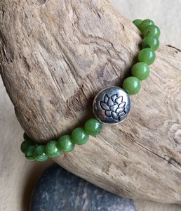 Lotus Charm Jade Bracelet, 100% Authentic Natural Canadian Nephrite Jade, 6mm, Green Jade Bracelet.