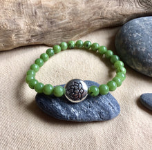 Load image into Gallery viewer, Lotus Charm Jade Bracelet, 100% Authentic Natural Canadian Nephrite Jade, 6mm, Green Jade Bracelet.