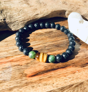 Mens Bracelet, Lava Stone Bracelet, Tiger Eye Lava Beads, Canada Jade Bracelet, Energy Bracelet